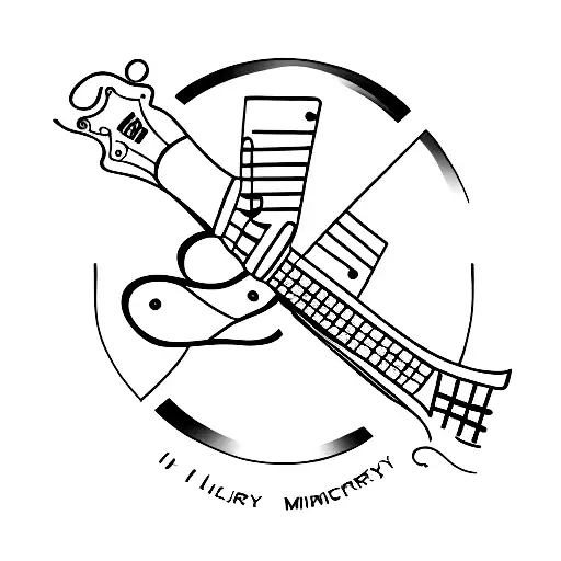 A minimalist tattoo of a guitar with the words 'In loving memory' in memory of your dad tattoo design idea