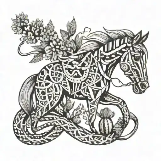 horse, cactus vine, snake wrapped tattoo design idea