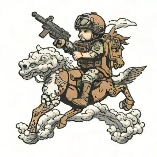 A baby in combat gear riding a cloud shaped like a horse, armed with an AR-15 anemometer and night vision goggles  tattoo design idea