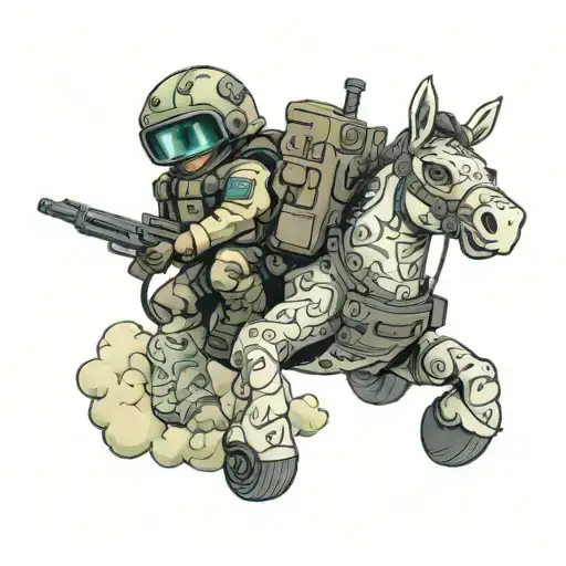 A baby in combat gear riding a cloud shaped like a horse, armed with an AR-15 and night vision goggles tattoo design idea