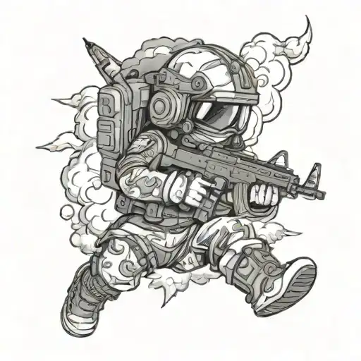 A baby riding a storm cloud while wearing body armor and holding an AR-15 and night vision goggles tattoo design idea