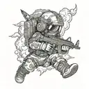 A baby riding a storm cloud while wearing body armor and holding an AR-15 and night vision goggles tattoo design idea