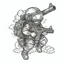A baby riding a storm cloud while wearing body armor and holding an AR-15 and night vision goggles tattoo design idea