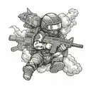 A baby riding a storm cloud while wearing body armor and holding an AR-15 and night vision goggles tattoo design idea
