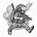 A baby riding a storm cloud while wearing body armor and holding an AR-15 and night vision goggles tattoo design idea