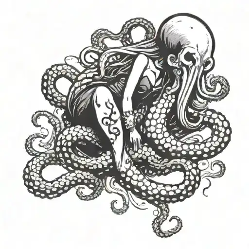 octopus holding pin-up girl sitting in tentacles  simple   tattoo design idea