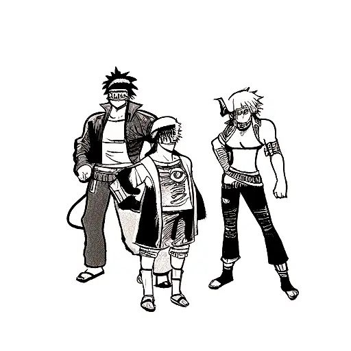 A tattoo showcasing the protagonist of Naruto, JJK, Demon Slayer, and One Piece standing together in a powerful pose tattoo design idea