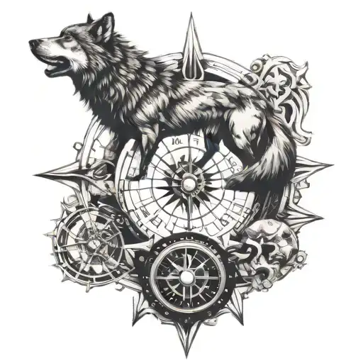 travel compass , wolf howling, past present future, viking  tattoo design idea