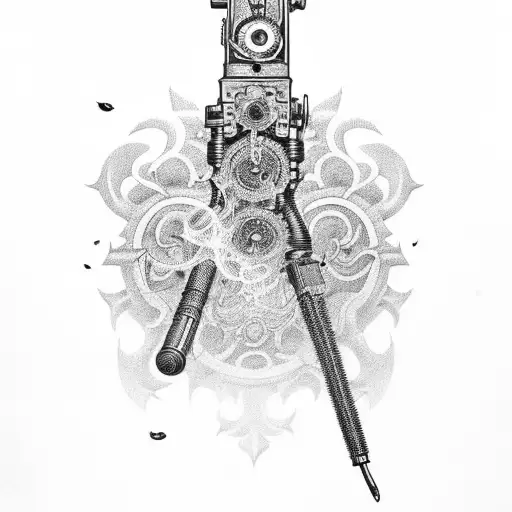A steampunk-inspired gun adorned with swirling smoke and intricate filigree patterns tattoo design idea