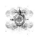 A steampunk-inspired gun adorned with swirling smoke and intricate filigree patterns tattoo design idea