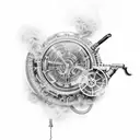 A steampunk-inspired gun adorned with swirling smoke and intricate filigree patterns tattoo design idea