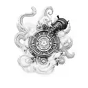 A steampunk-inspired gun adorned with swirling smoke and intricate filigree patterns tattoo design idea