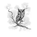 An ethereal owl perched on a baroque-style branch, with delicate filigree details tattoo design idea
