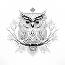 An ethereal owl perched on a baroque-style branch, with delicate filigree details tattoo design idea
