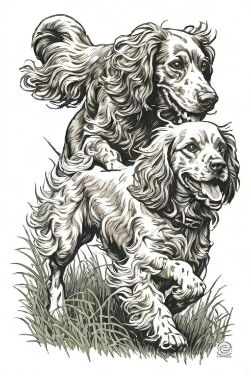 cocker spaniel dog and girl running happily in grass tattoo design idea