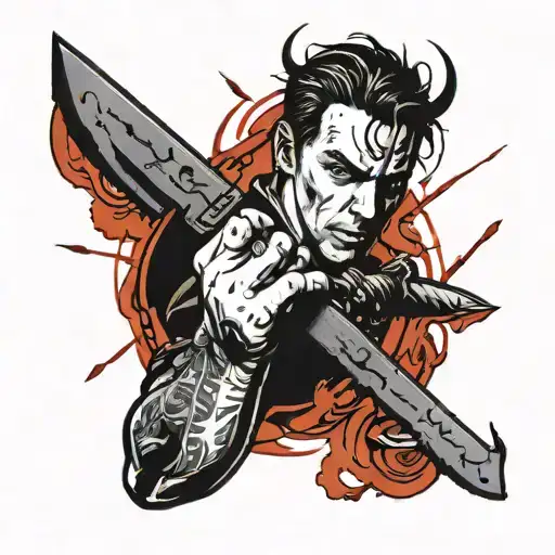 the idea is from a tv series where the actor has a tattoo of two hands with a knife piercing through it  tattoo design idea