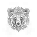 A traditional-style tattoo featuring a powerful bear surrounded by symbols of abundance and prosperity, representing the client's druid shaman occupation tattoo design idea