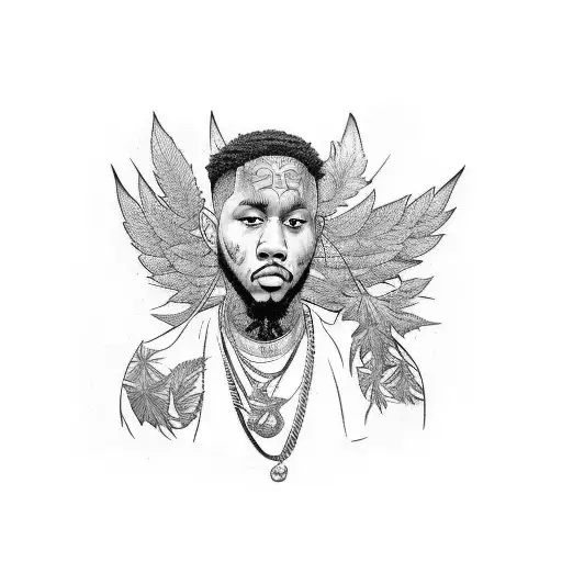 A portrait tattoo design of the rapper as a guardian angel surrounded by demons, with weed plants growing in the background tattoo design idea