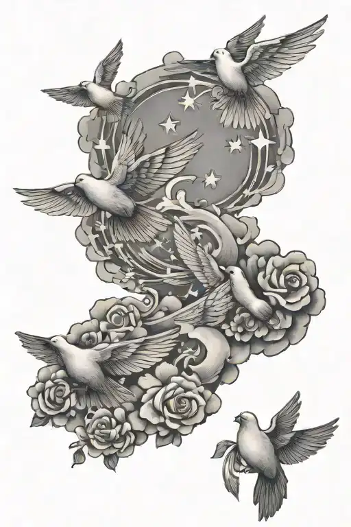 clouds cross and 3  dove birds and few stars forming tattoo design idea