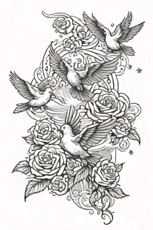 clouds cross and 3  dove birds and few stars forming and rose for men tattoo design idea