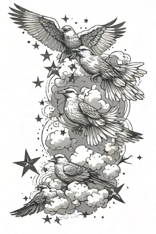 clouds surrounding birds and few stars forming tattoo design idea