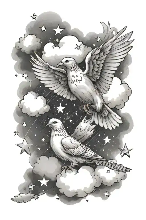 clouds surrounding dove birds and few stars forming tattoo design idea