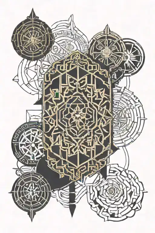 A geometric pattern incorporating symbols of god and life, with a subtle nod to the client's role as a general manager in the hotel industry tattoo design idea