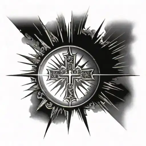 A half opened eye with sun rays coming out of it with a holy cross under it  tattoo design idea