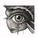 A half opened eye with sun rays coming out of it with a holy cross under it  tattoo design idea