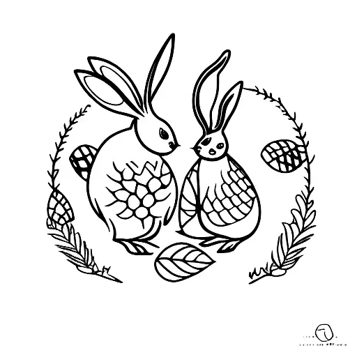 A minimalist tattoo of a rabbit and chick nestled among forest leaves and branches tattoo design idea