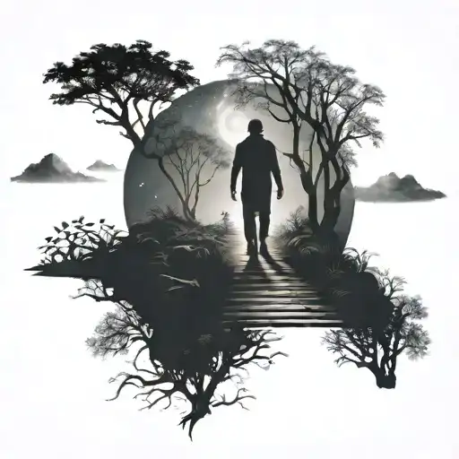 The silhouette of a man walking a path from earth to the universe/afterlife. Dead and live nature on each side of path tattoo design idea