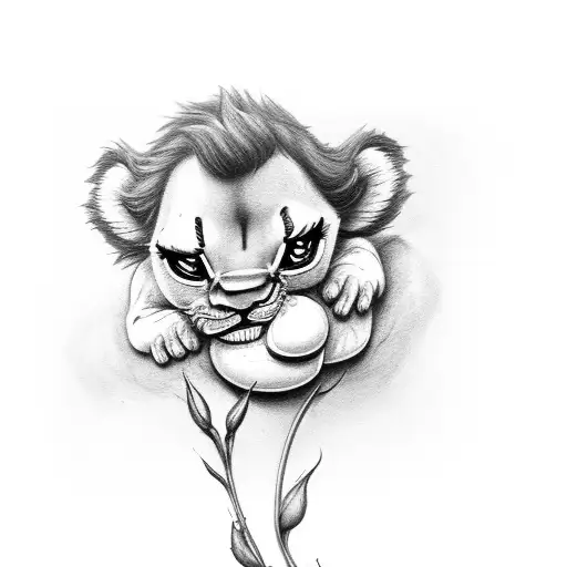A baby Simba cuddling a rose in a realistic style tattoo design idea
