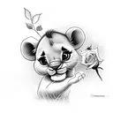 A baby Simba cuddling a rose in a realistic style tattoo design idea