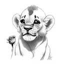 A baby Simba cuddling a rose in a realistic style tattoo design idea