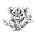 A baby Simba cuddling a rose in a realistic style tattoo design idea