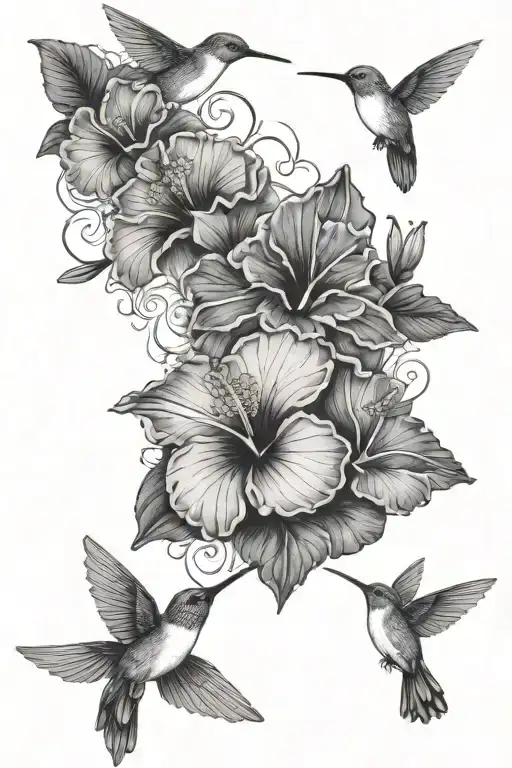 hibiscus flowers and hummingbird surrounded tattoo design idea