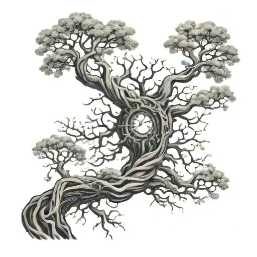 A black-grey tattoo of a majestic tree with intricate plumbing pipes winding around its branches, symbolizing the connection between nature and engineering tattoo design idea
