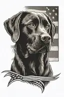 A black-grey tattoo of the American flag waving in the wind with a silhouette of a Labrador retriever in front tattoo design idea