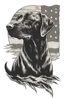 A black-grey tattoo of the American flag waving in the wind with a silhouette of a Labrador retriever in front tattoo design idea