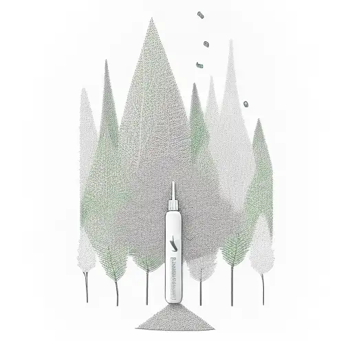 A minimalist design of a narcan nasal spray bottle surrounded by delicate forest foliage, symbolizing the life-saving nature of narcan in addiction recovery tattoo design idea