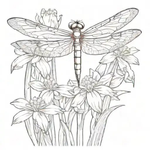 A dragonfly hovering over a field of daffodil flowers tattoo design idea