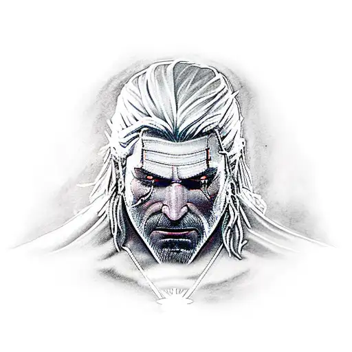 A dark and mysterious tattoo showcasing Geralt of Rivia from The Witcher 3 in a menacing pose tattoo design idea