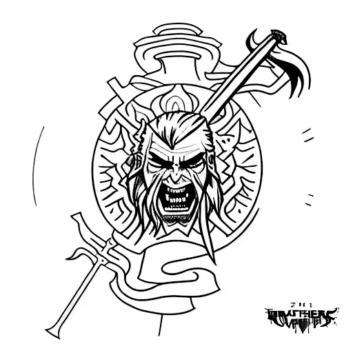 A dark and mysterious tattoo showcasing Geralt of Rivia from The Witcher 3 in a menacing pose tattoo design idea