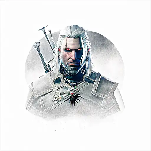 A dark and mysterious tattoo showcasing Geralt of Rivia from The Witcher 3 in a menacing pose tattoo design idea