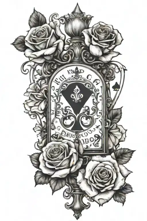 roses, 1911, floral background, royal flush spades, hour glass, black train tattoo design idea