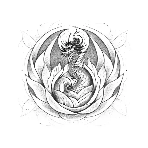 A dragon wrapped around a burning flower, symbolizing the fleeting nature of life and passion tattoo design idea