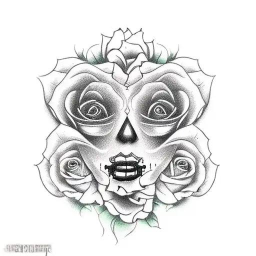 female day of the dead mask, roses, words "live forever" tattoo design idea
