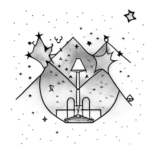 A peaceful park bench under a starry sky with a shooting star passing by tattoo design idea