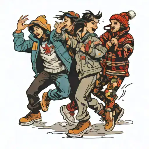 four people dancing wildly in winter jackets tattoo design idea