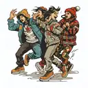 four people dancing wildly in winter jackets tattoo design idea